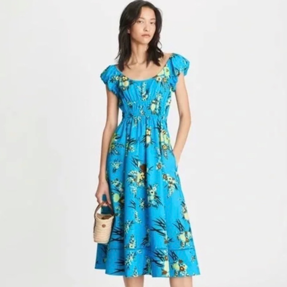 Tory Burch Cap Sleeve Scoop Neck Dress Blue Drop Bouquet Floral Poplin Size 4/S - Picture 3 of 14